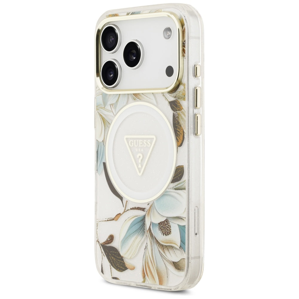 Custodia MagSafe per Apple iPhone 17 Pro, Guess, IML Metal Glitter Flowers Triangle, Bianca