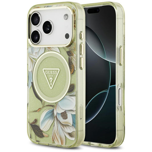 Custodia MagSafe per Apple iPhone 17 Pro, Guess, IML Metal Glitter Flowers Triangle, Verde