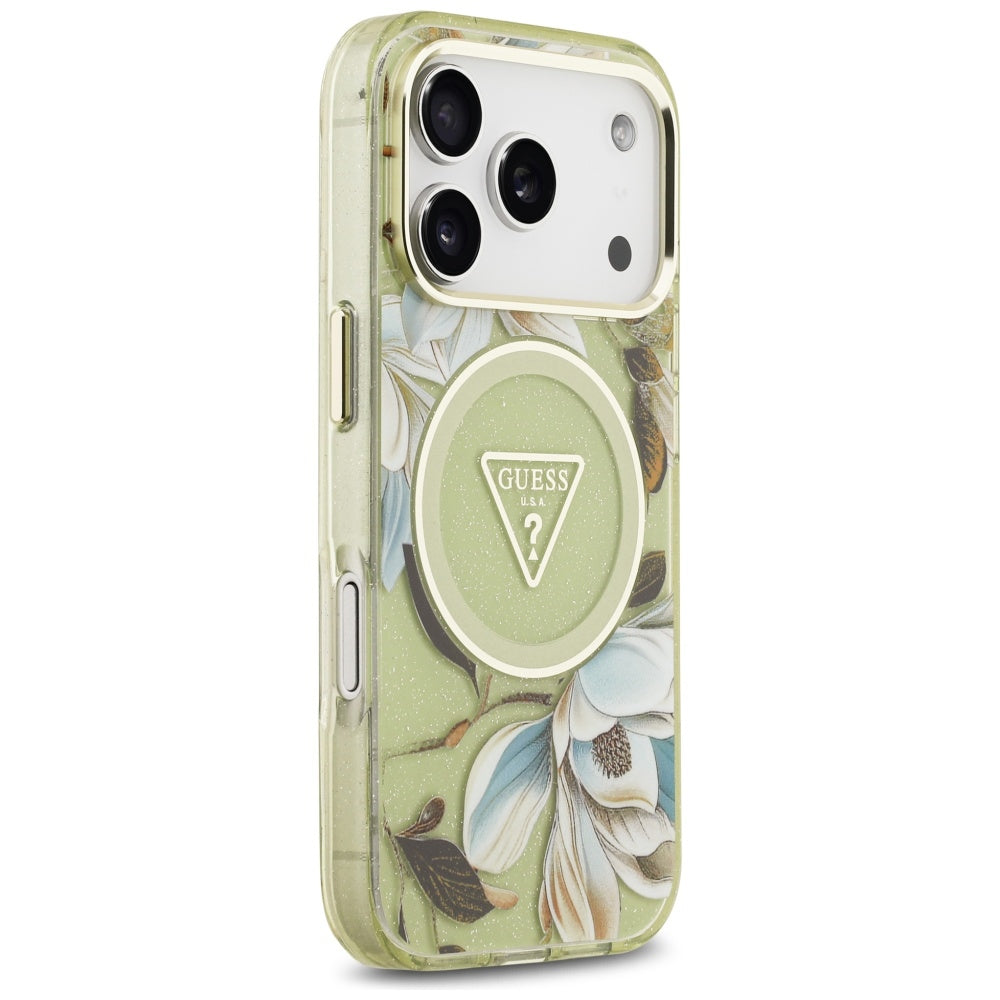 Custodia MagSafe per Apple iPhone 17 Pro, Guess, IML Metal Glitter Flowers Triangle, Verde