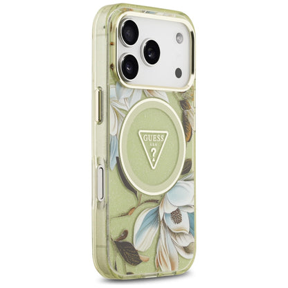 Custodia MagSafe per Apple iPhone 17 Pro, Guess, IML Metal Glitter Flowers Triangle, Verde