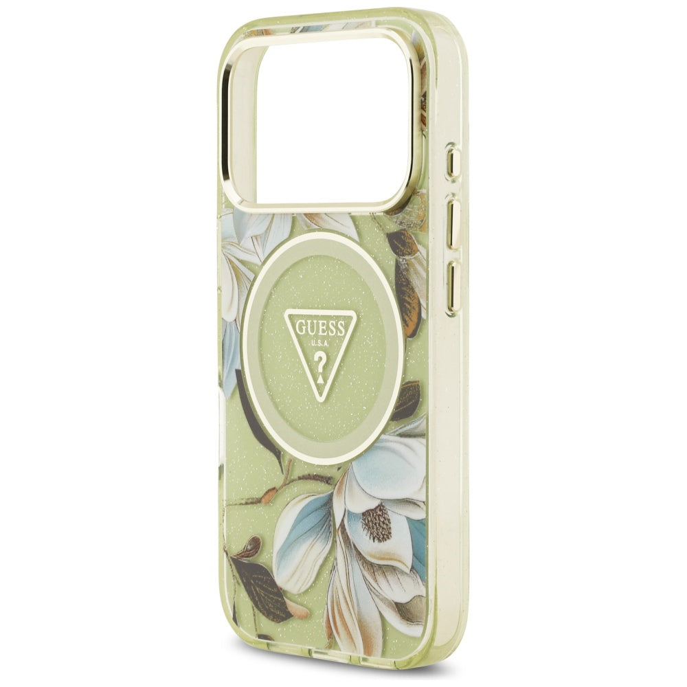 Custodia MagSafe per Apple iPhone 17 Pro, Guess, IML Metal Glitter Flowers Triangle, Verde