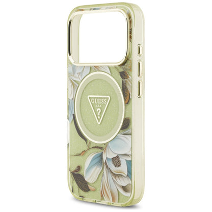 Custodia MagSafe per Apple iPhone 17 Pro, Guess, IML Metal Glitter Flowers Triangle, Verde