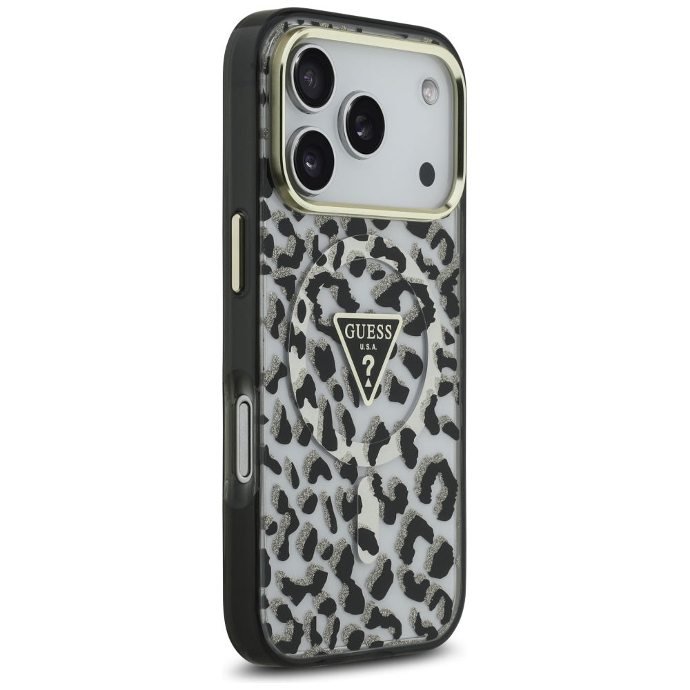 Custodia MagSafe per Apple iPhone 17 Pro, Guess, Leopard Glitter, Nera