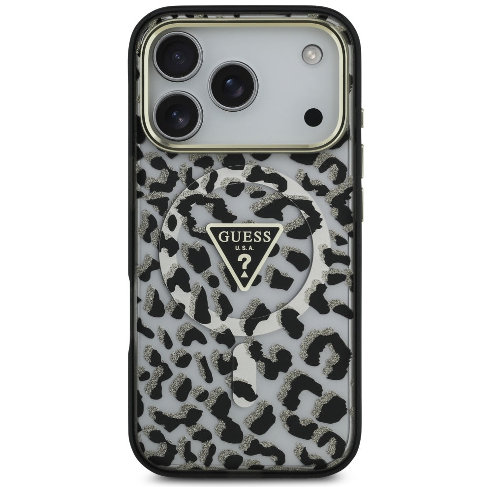 Custodia MagSafe per Apple iPhone 17 Pro, Guess, Leopard Glitter, Nera