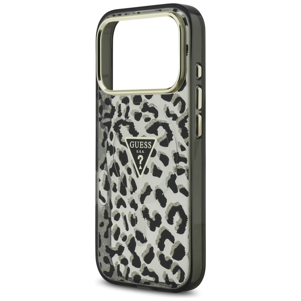 Custodia MagSafe per Apple iPhone 17 Pro, Guess, Leopard Glitter, Nera