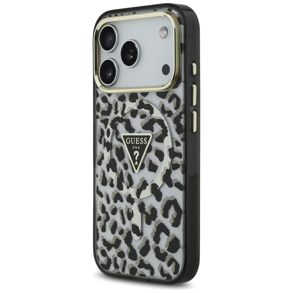 Custodia MagSafe per Apple iPhone 17 Pro, Guess, Leopard Glitter, Nera