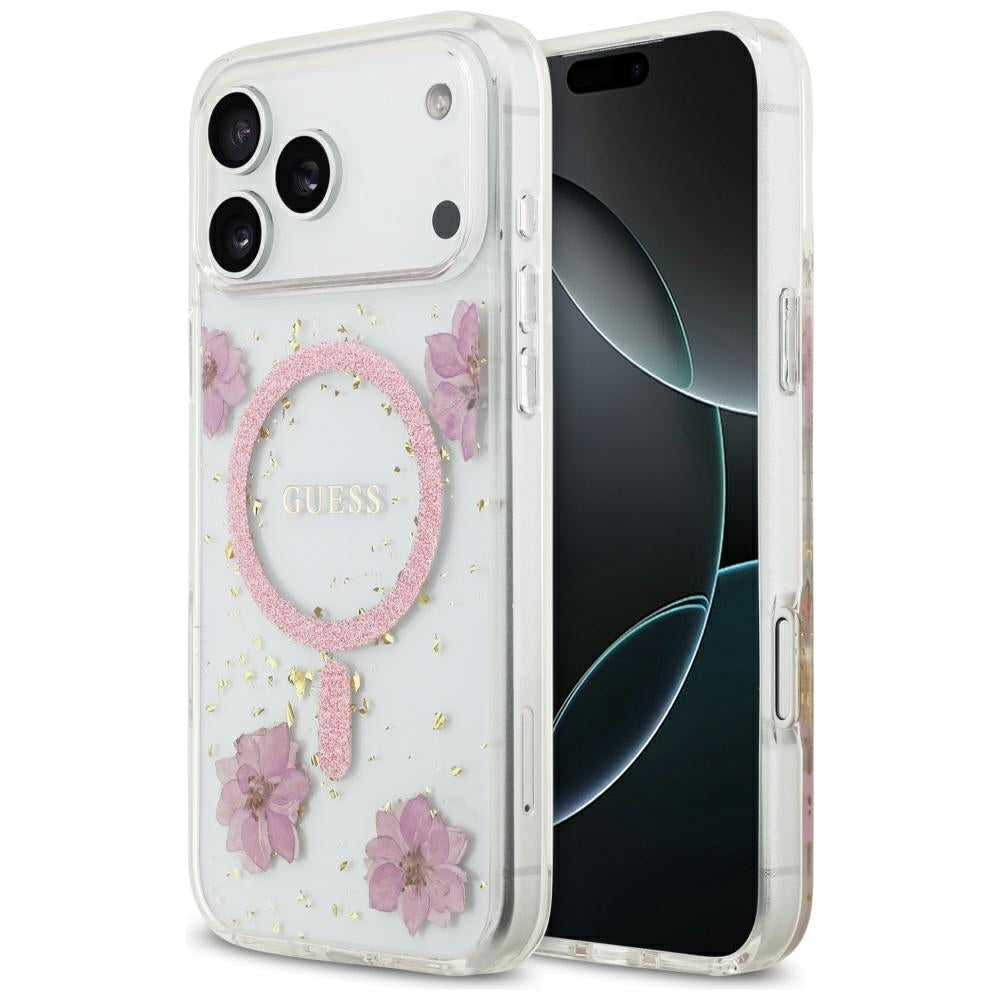 Custodia MagSafe per Apple iPhone 17 Pro, Guess, Resin Flowers and Glitter, Rosa