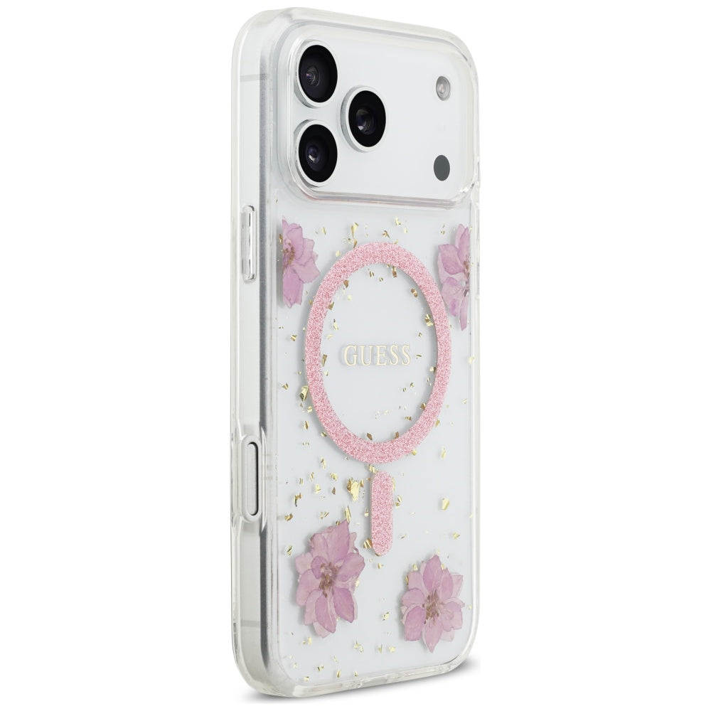 Custodia MagSafe per Apple iPhone 17 Pro, Guess, Resin Flowers and Glitter, Rosa