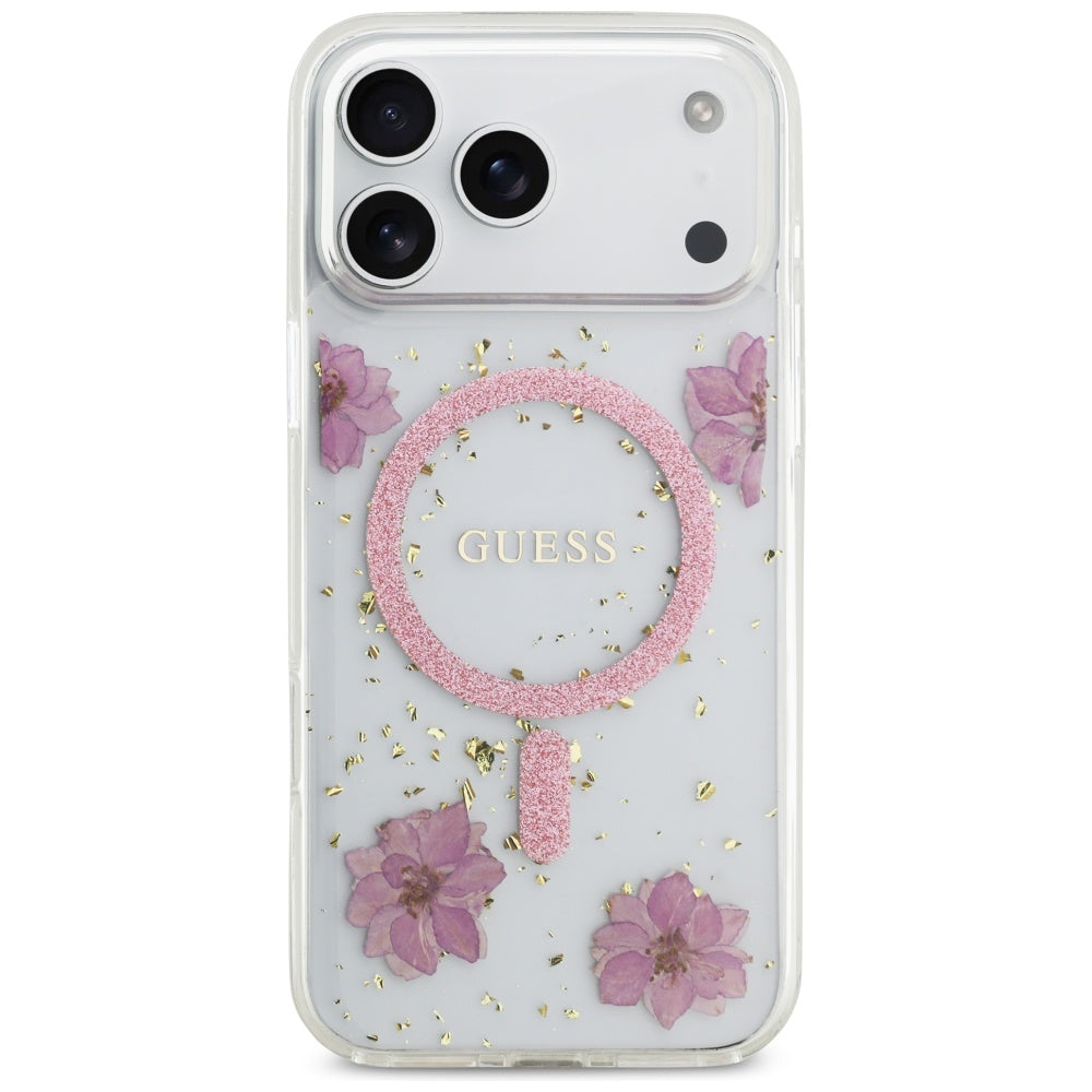 Custodia MagSafe per Apple iPhone 17 Pro, Guess, Resin Flowers and Glitter, Rosa
