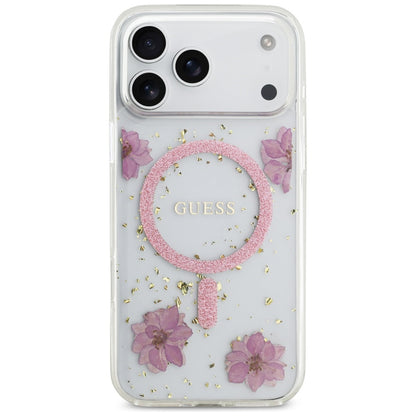 Custodia MagSafe per Apple iPhone 17 Pro, Guess, Resin Flowers and Glitter, Rosa
