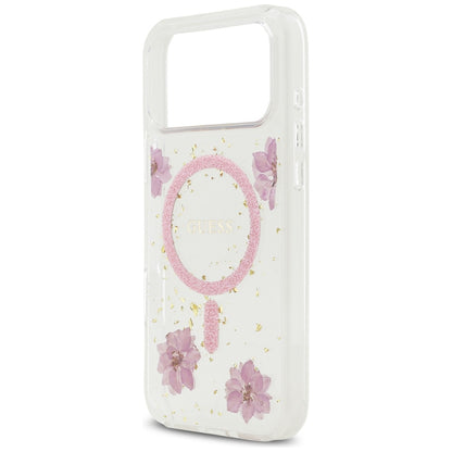 Custodia MagSafe per Apple iPhone 17 Pro, Guess, Resin Flowers and Glitter, Rosa