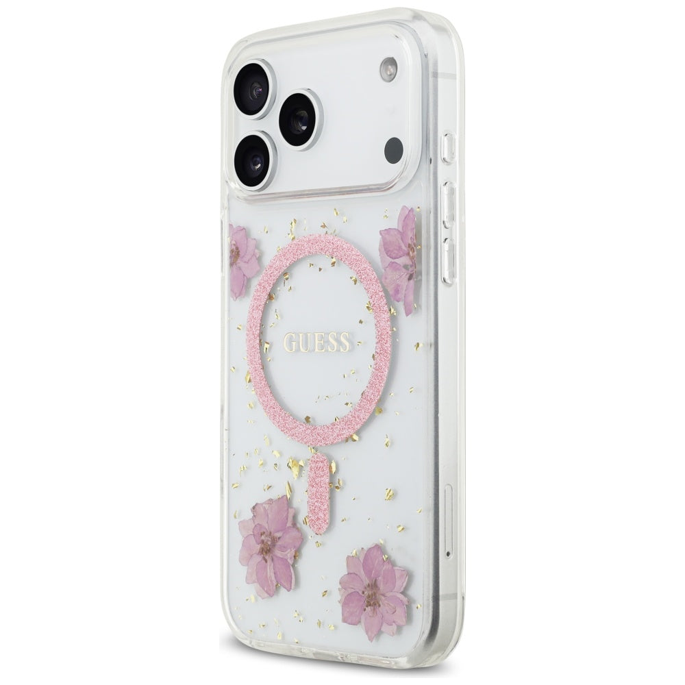 Custodia MagSafe per Apple iPhone 17 Pro, Guess, Resin Flowers and Glitter, Rosa