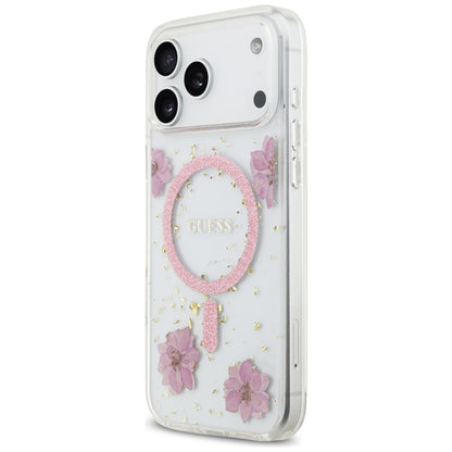 Custodia MagSafe per Apple iPhone 17 Pro, Guess, Resin Flowers and Glitter, Rosa