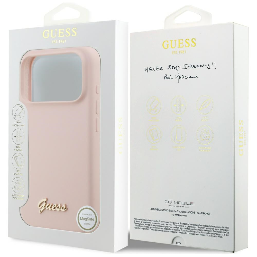 Custodia MagSafe per Apple iPhone 17 Pro, Guess, Script Metal Logo, Rosa Chiaro