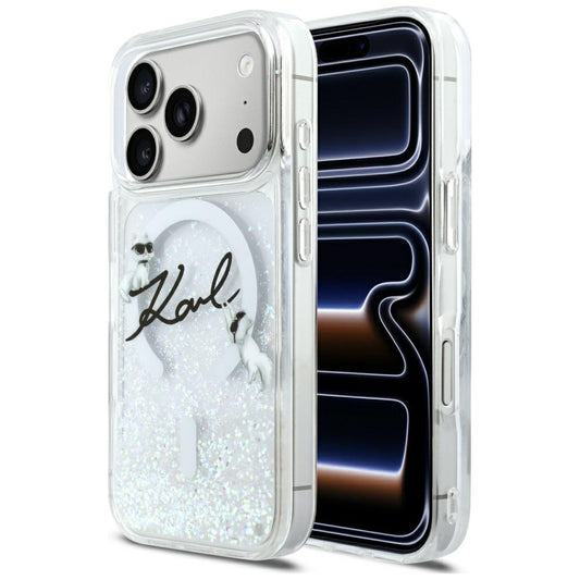 Custodia MagSafe per Apple iPhone 17 Pro, Karl Lagerfeld, Glitter Karl Script Logo, Trasparente