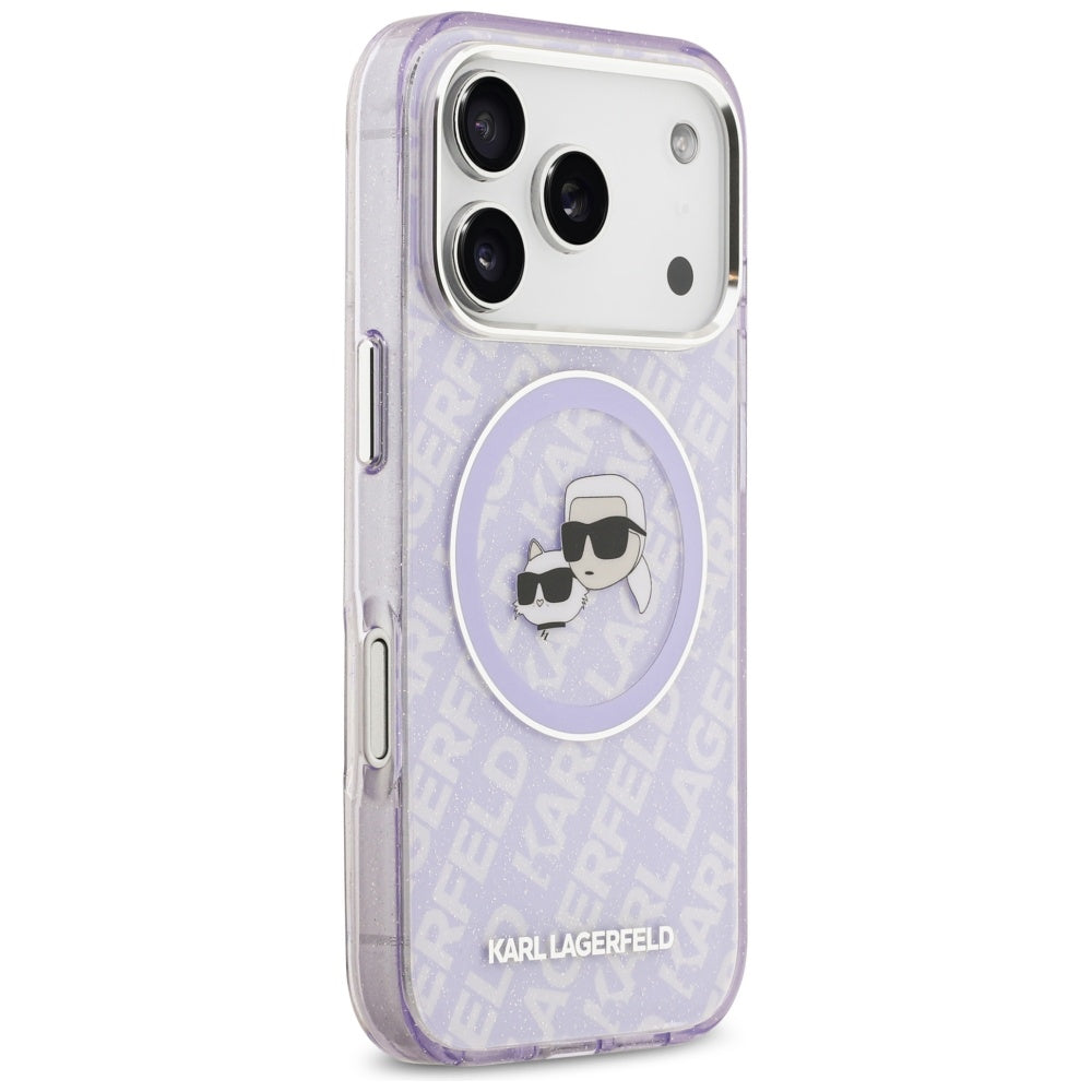 Custodia MagSafe per Apple iPhone 17 Pro, Karl Lagerfeld, IML Glitter Karl & Choupette's Heads, Viola