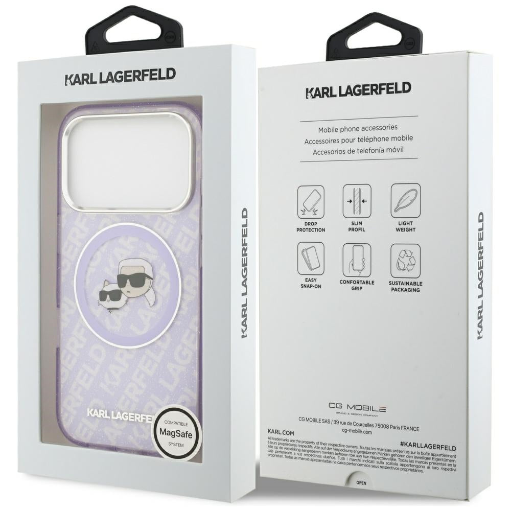 Custodia MagSafe per Apple iPhone 17 Pro, Karl Lagerfeld, IML Glitter Karl & Choupette's Heads, Viola