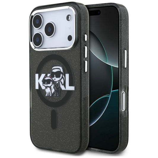 Custodia MagSafe per Apple iPhone 17 Pro, Karl Lagerfeld, IML Sketch Logo Glitter Karl & Choupette, Nera