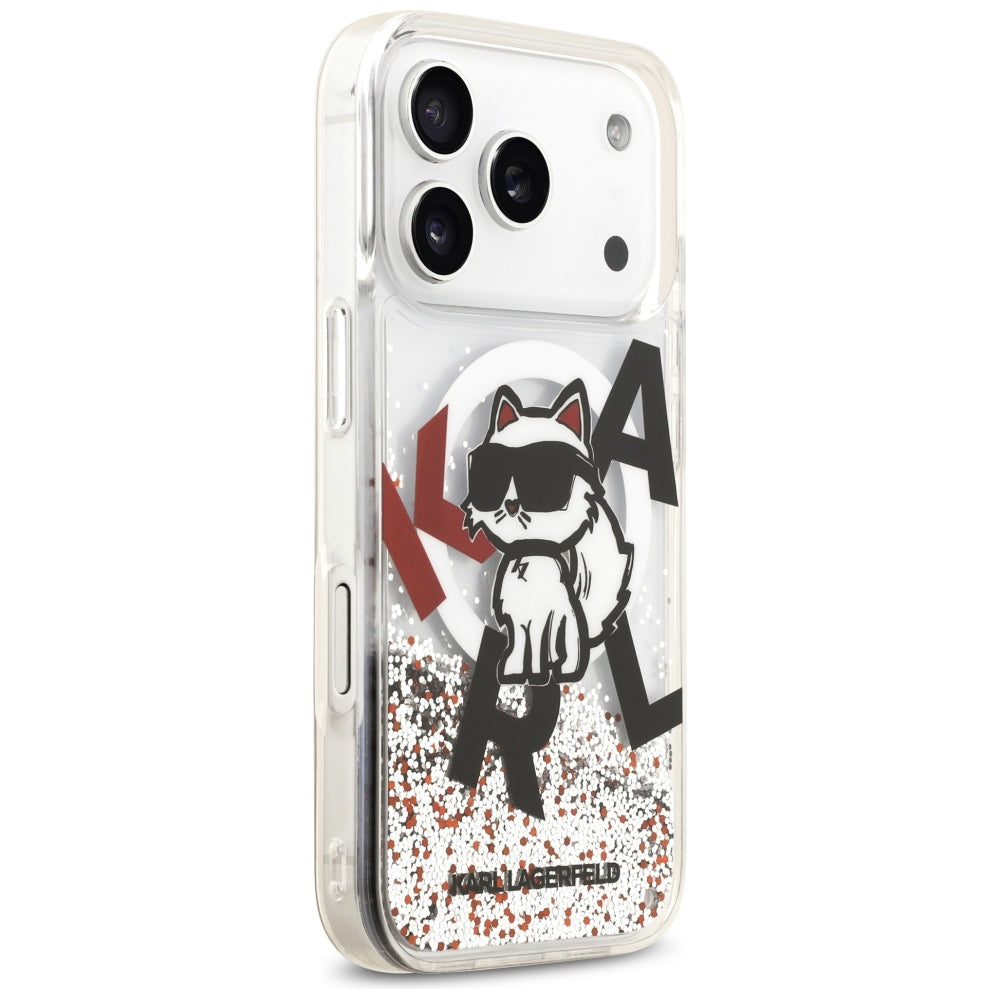 Custodia MagSafe per Apple iPhone 17 Pro, Karl Lagerfeld, Liquid Glitter Choupette Logo, Trasparente