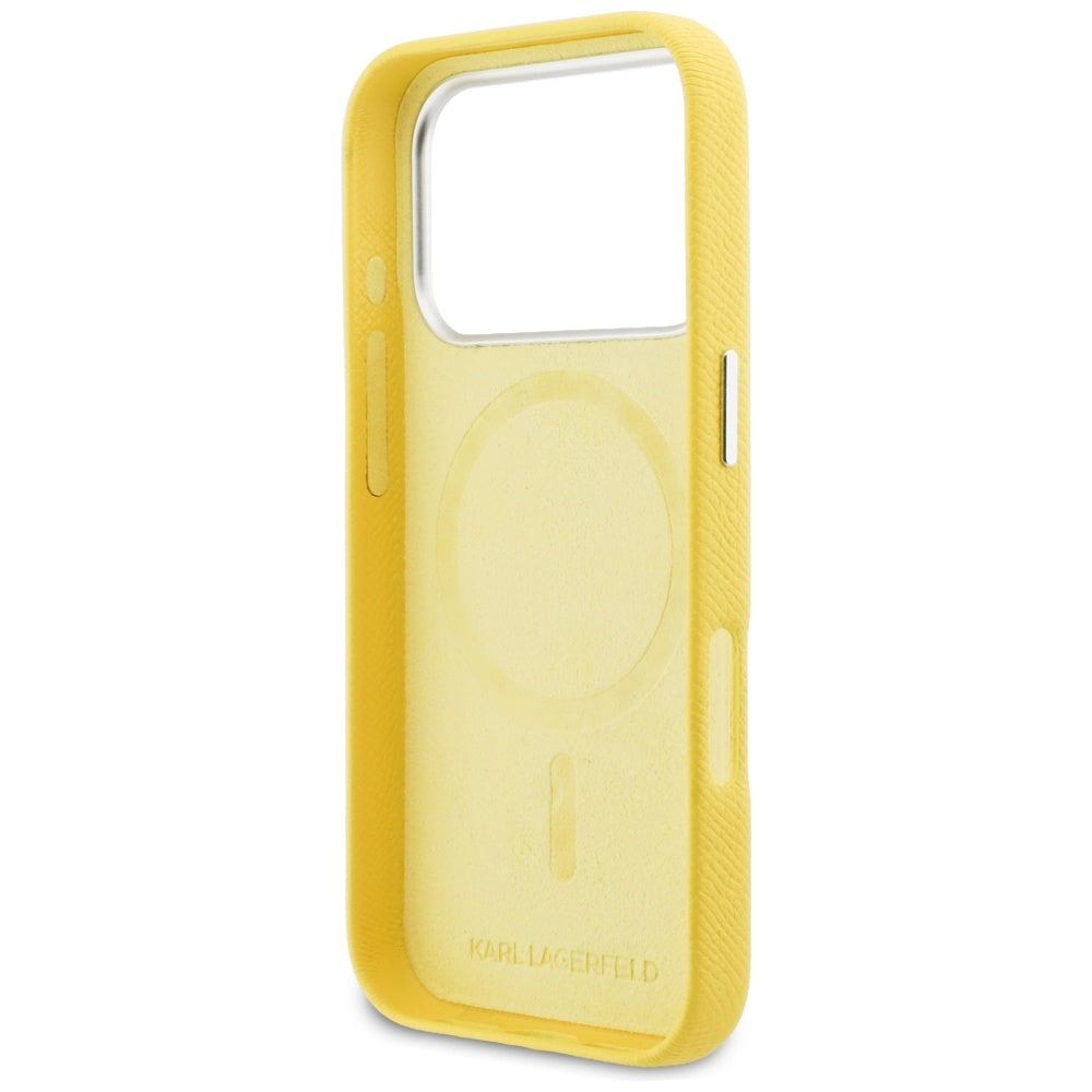 Custodia MagSafe per Apple iPhone 17 Pro, Karl Lagerfeld, Saffiano Karl & Choupette Pins, Gialla
