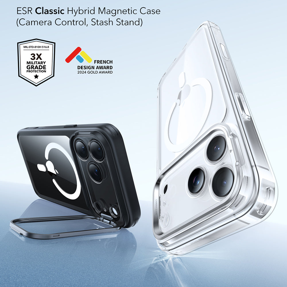 Custodia MagSafe per Apple iPhone 17 Pro Max, ESR, Classic Hybrid Kickstand, Nera Trasparente