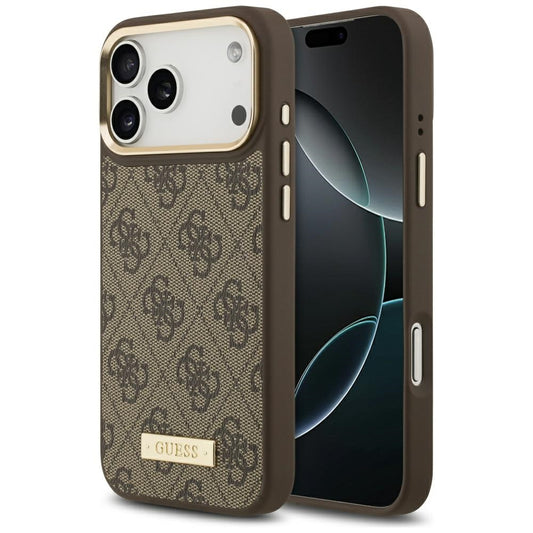 Custodia MagSafe per Apple iPhone 17 Pro Max, Guess, 4G Logo Plate, Marrone