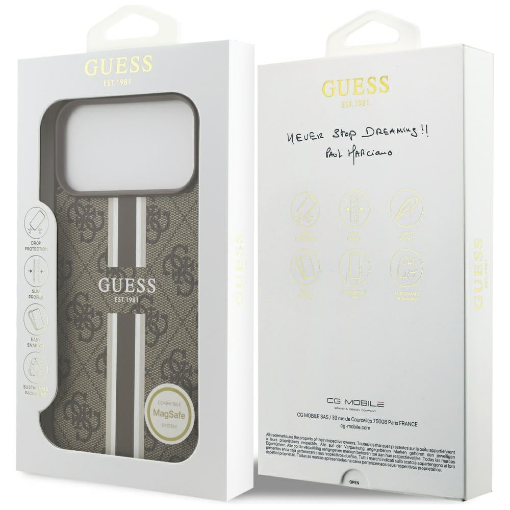Custodia MagSafe per Apple iPhone 17 Pro Max, Guess, 4G Printed Stripes, Marrone