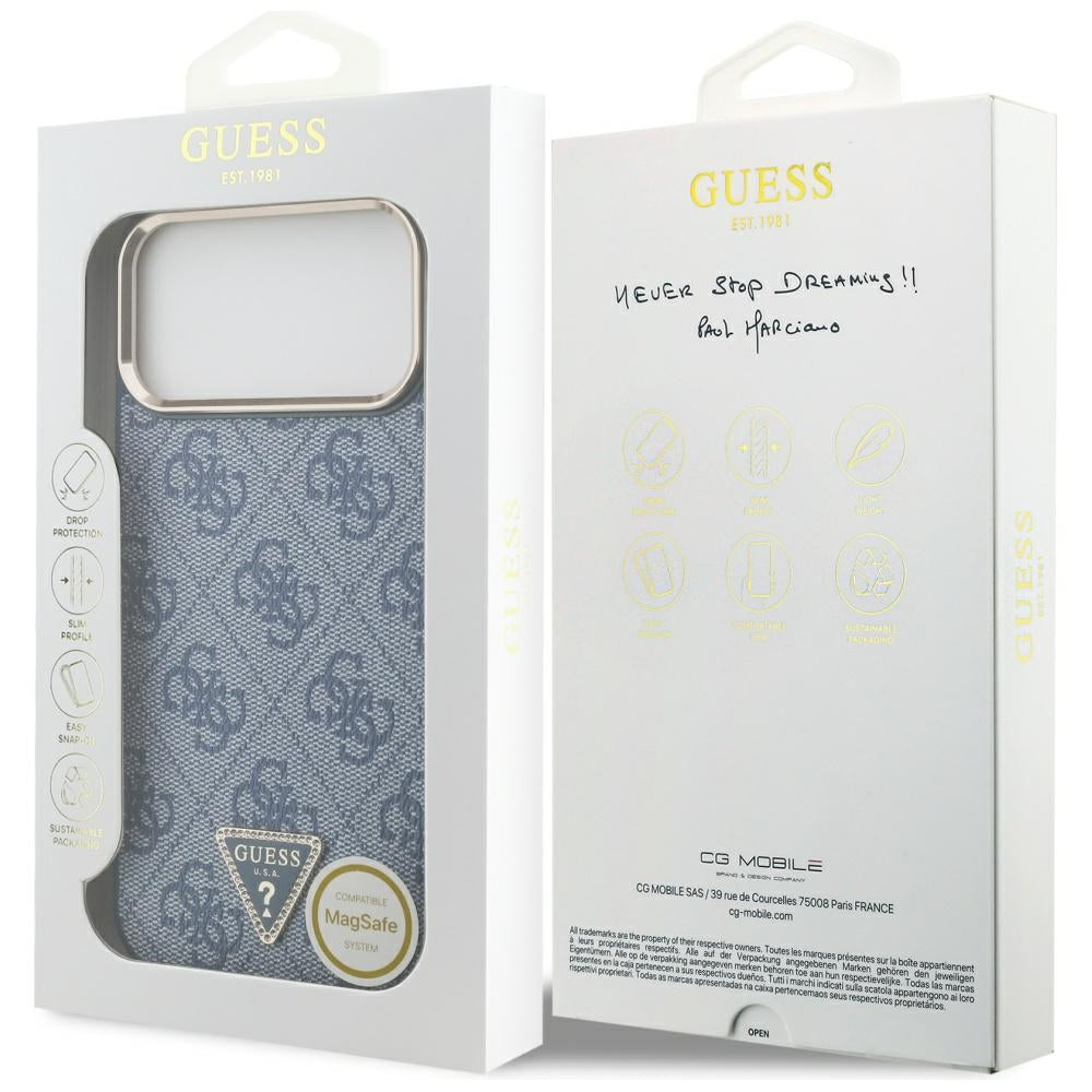 Custodia MagSafe per Apple iPhone 17 Pro Max, Guess, Logo Triangolo 4G, Blu Dorato