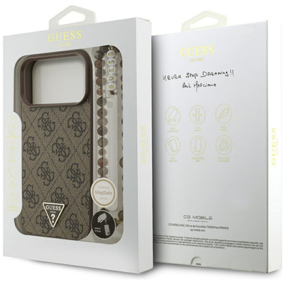 Custodia MagSafe per Apple iPhone 17 Pro Max, Guess, 4G Triangle Logo Cord Strap, Marrone