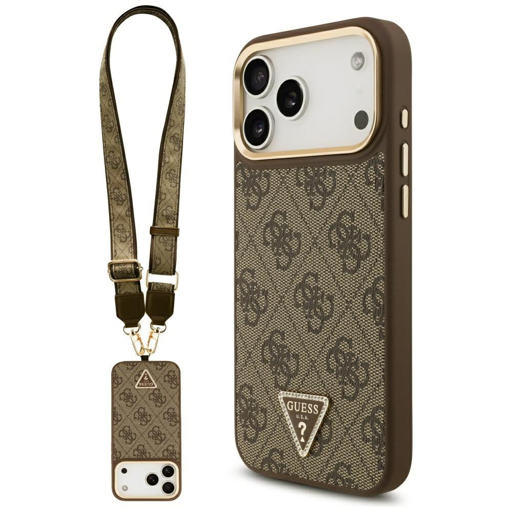 Custodia MagSafe per Apple iPhone 17 Pro Max, Guess, Logo Triangolo 4G con Grande Cinturino, Marrone