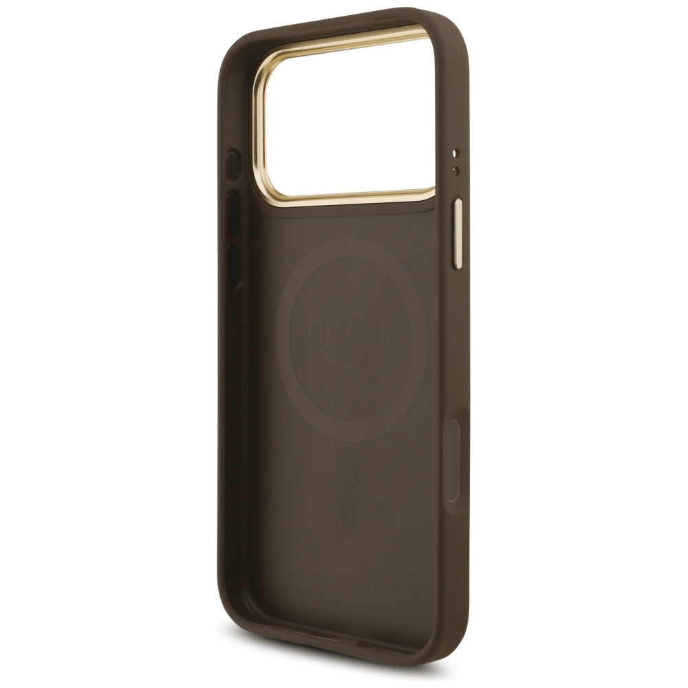 Custodia MagSafe per Apple iPhone 17 Pro Max, Guess, Logo Triangolo 4G con Grande Cinturino, Marrone