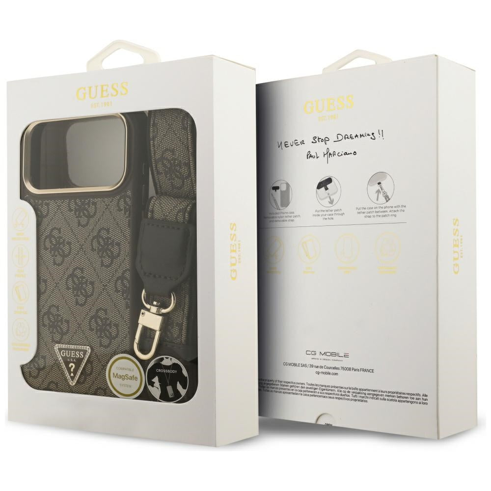 Custodia MagSafe per Apple iPhone 17 Pro Max, Guess, Logo Triangolo 4G con Grande Cinturino, Marrone