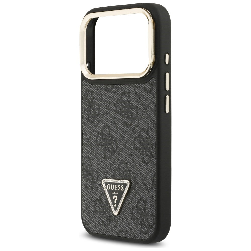 Custodia MagSafe per Apple iPhone 17 Pro Max, Guess, 4G Triangle Logo with Stand Camera, Nera Dorata