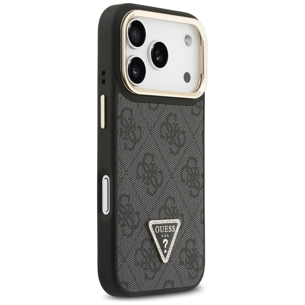Custodia MagSafe per Apple iPhone 17 Pro Max, Guess, 4G Triangle Logo with Stand Camera, Nera Dorata