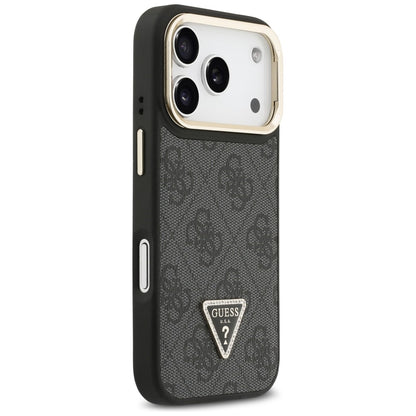 Custodia MagSafe per Apple iPhone 17 Pro Max, Guess, 4G Triangle Logo with Stand Camera, Nera Dorata