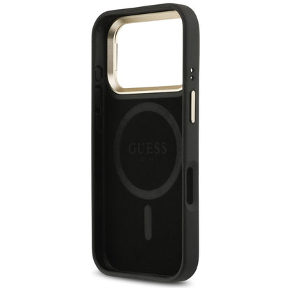 Custodia MagSafe per Apple iPhone 17 Pro Max, Guess, 4G Triangle Logo with Stand Camera, Nera Dorata