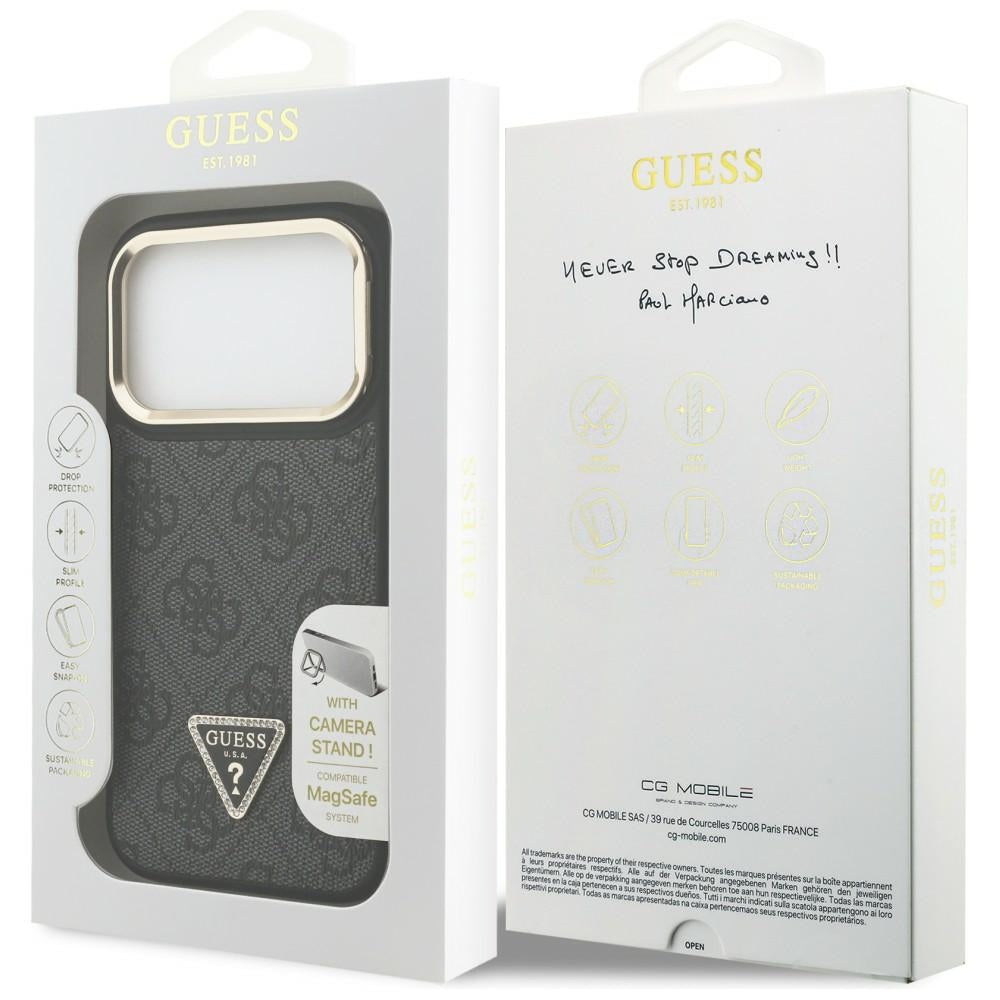 Custodia MagSafe per Apple iPhone 17 Pro Max, Guess, 4G Triangle Logo with Stand Camera, Nera Dorata