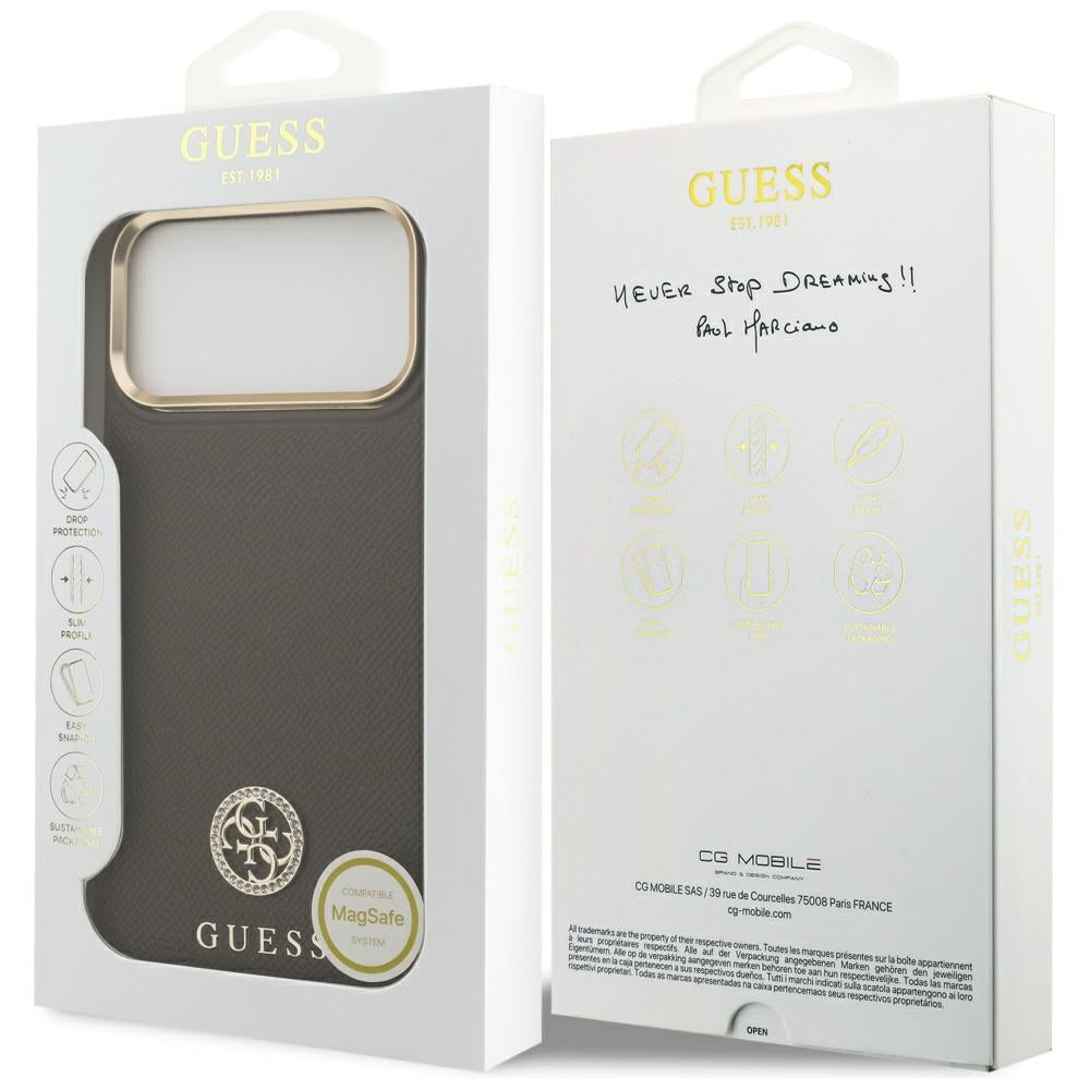 Custodia MagSafe per Apple iPhone 17 Pro Max, Guess, Grained Strass Logo, Marrone