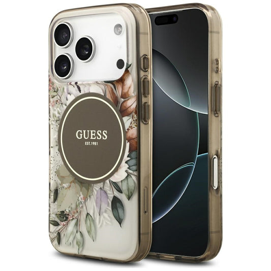 Custodia MagSafe per Apple iPhone 17 Pro Max, Guess, IML Flower & Tonal Circle, Marrone