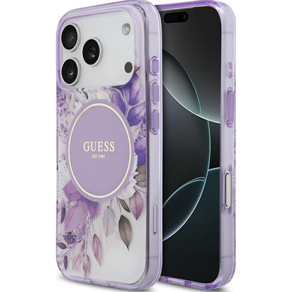 Custodia MagSafe per Apple iPhone 17 Pro Max, Guess, IML Flower & Tonal Circle, Viola