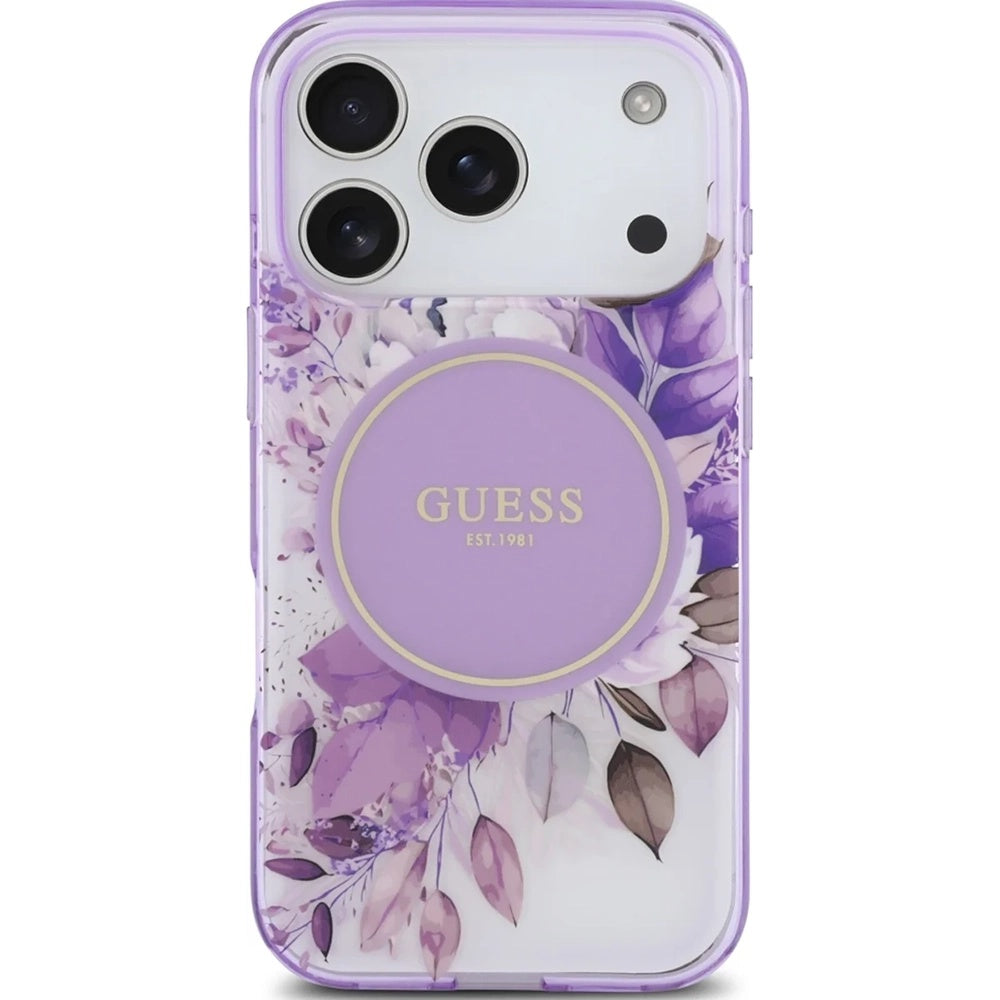 Custodia MagSafe per Apple iPhone 17 Pro Max, Guess, IML Flower & Tonal Circle, Viola