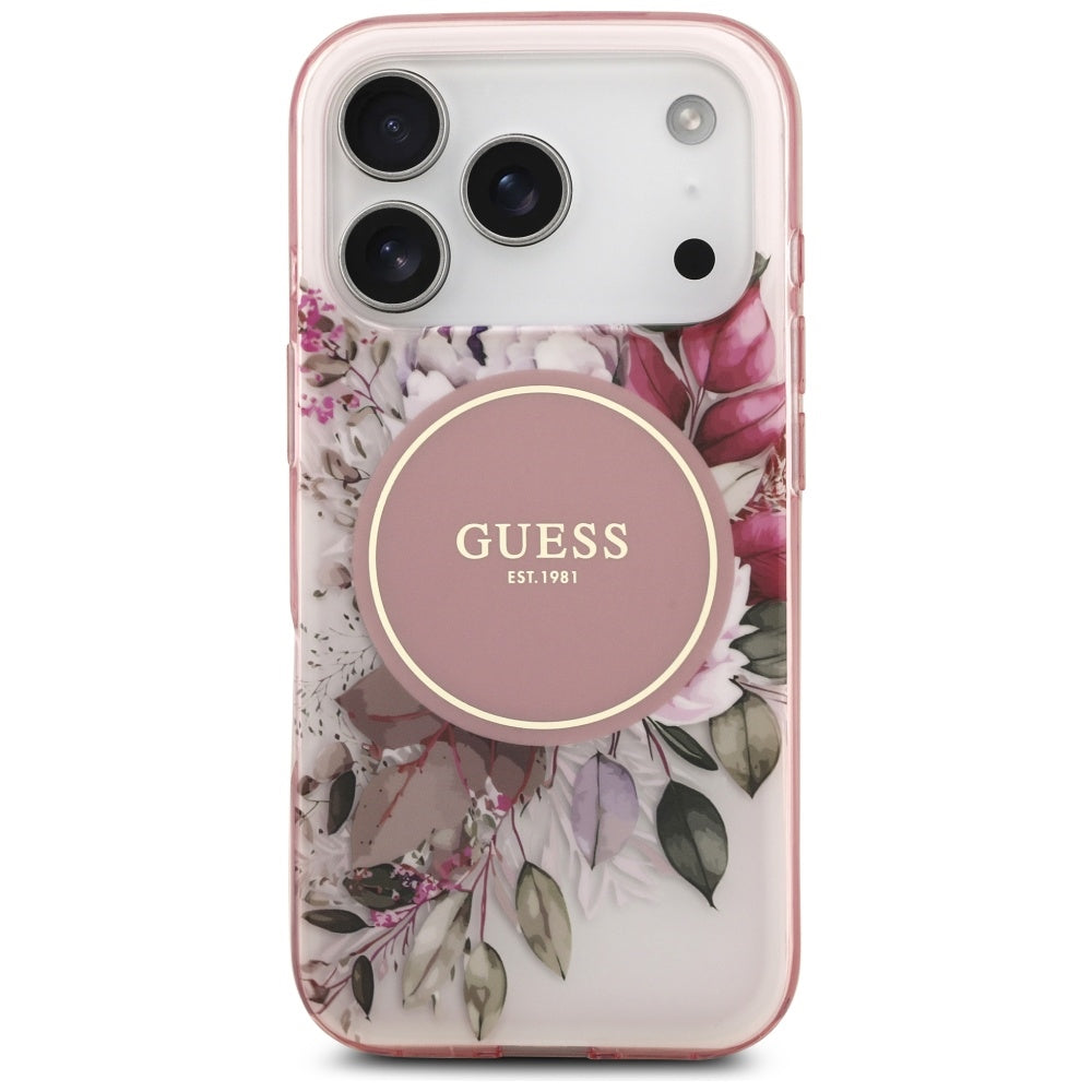 Custodia MagSafe per Apple iPhone 17 Pro Max, Guess, IML Flower & Tonal Circle, Rosa