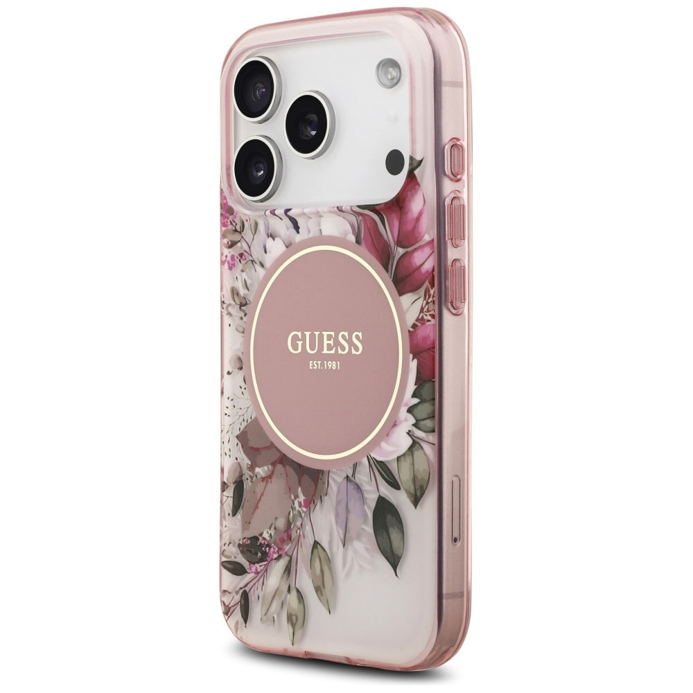 Custodia MagSafe per Apple iPhone 17 Pro Max, Guess, IML Flower & Tonal Circle, Rosa