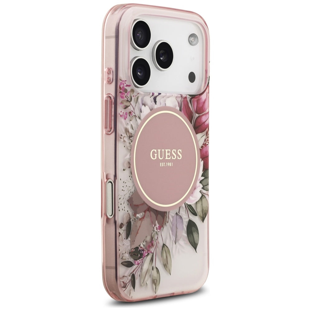 Custodia MagSafe per Apple iPhone 17 Pro Max, Guess, IML Flower & Tonal Circle, Rosa