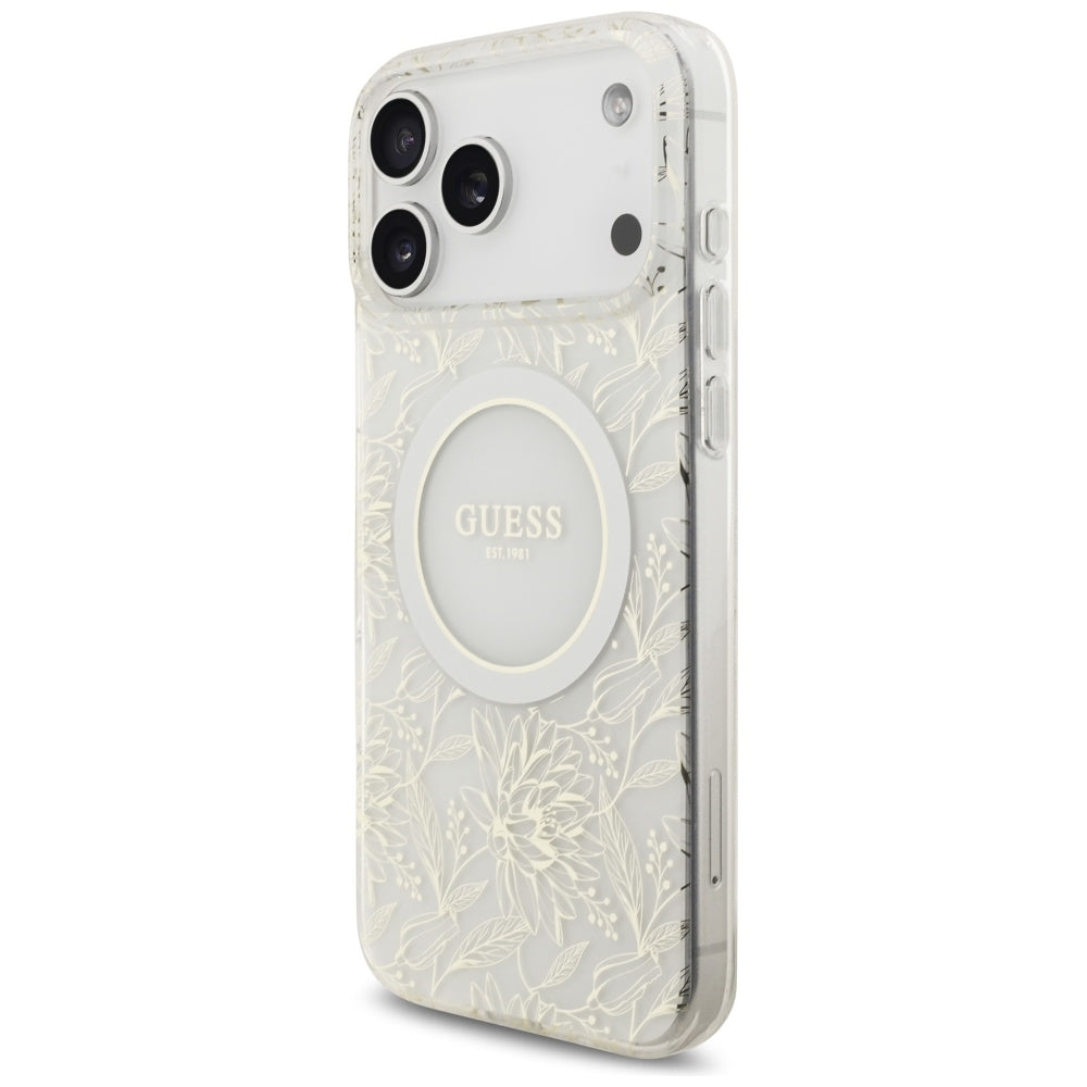 Custodia MagSafe per Apple iPhone 17 Pro Max, Guess, IML Flowers Allover Electroplated with Pearl Strap, Bianca