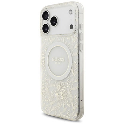 Custodia MagSafe per Apple iPhone 17 Pro Max, Guess, IML Flowers Allover Electroplated with Pearl Strap, Bianca