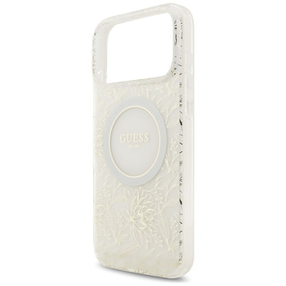 Custodia MagSafe per Apple iPhone 17 Pro Max, Guess, IML Flowers Allover Electroplated with Pearl Strap, Bianca