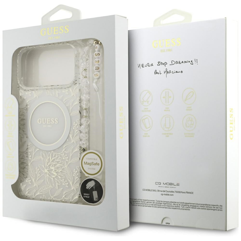 Custodia MagSafe per Apple iPhone 17 Pro Max, Guess, IML Flowers Allover Electroplated with Pearl Strap, Bianca