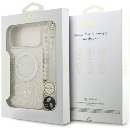 Custodia MagSafe per Apple iPhone 17 Pro Max, Guess, IML Flowers Allover Electroplated with Pearl Strap, Bianca