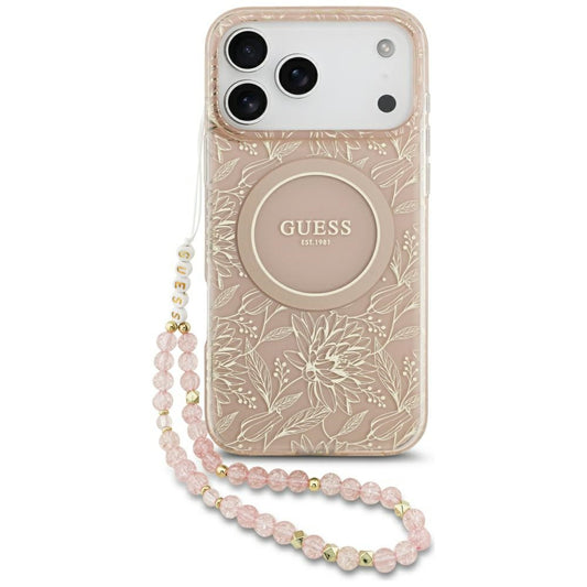 Custodia MagSafe per Apple iPhone 17 Pro Max, Guess, IML Flowers Allover Electroplated with Pearl Strap, Rosa